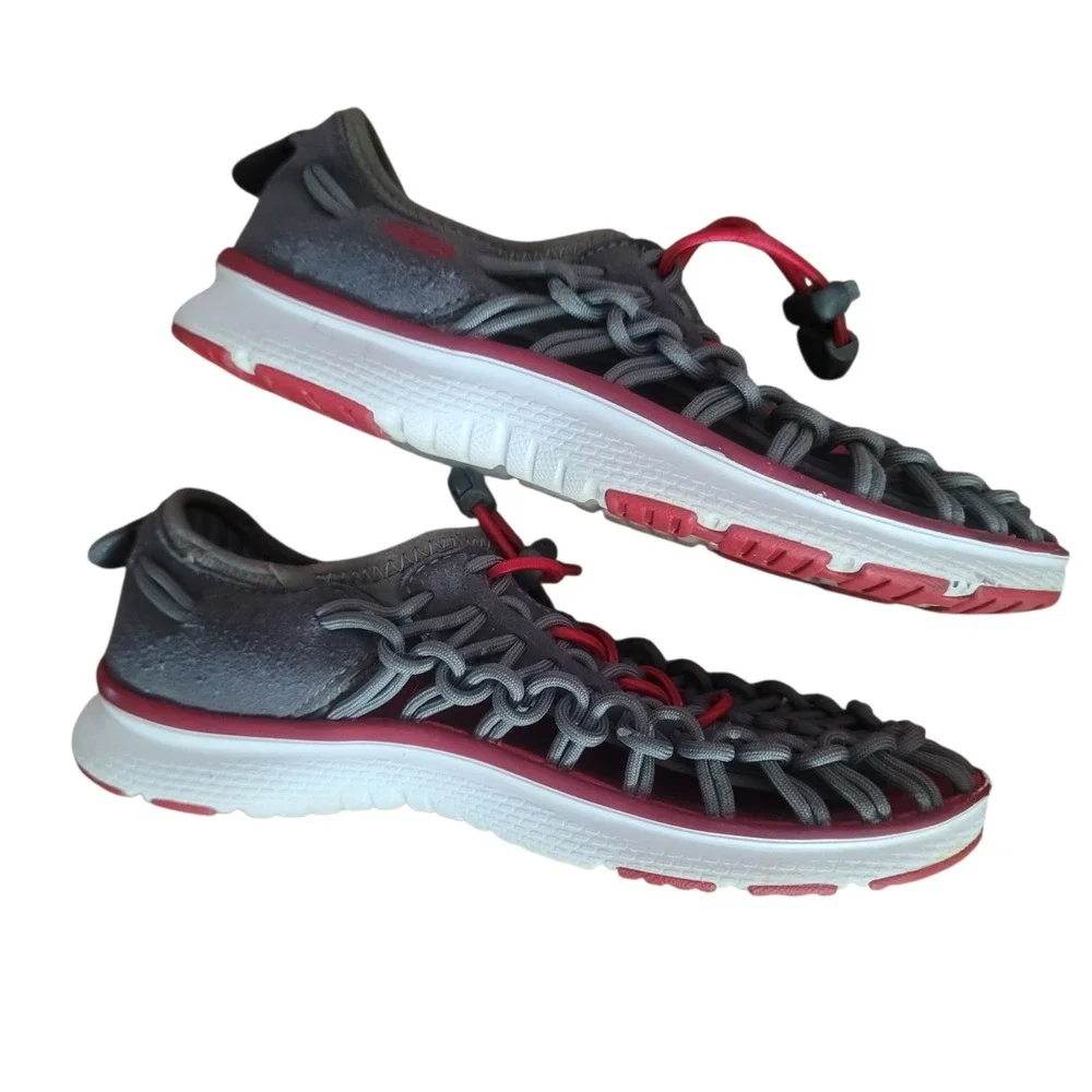 Keen Uneek O2 Kids Sz 3‎ Grey Red Braided Cord Lace Up Athletic Sandals Shoes